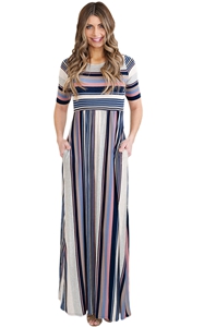 BY61660-5 Muted Multicolor Striped Half Sleeve Casual Maxi Dress